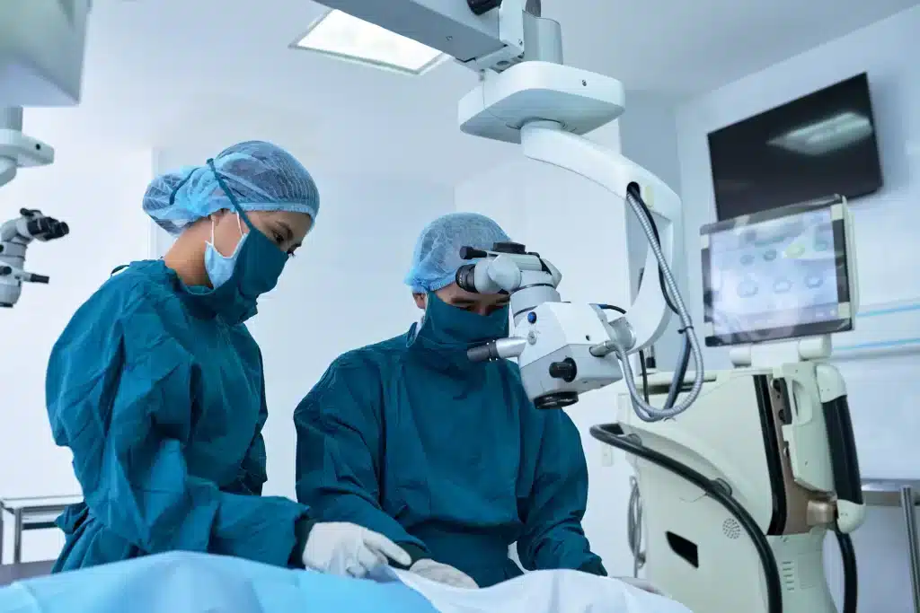cirugia-urologica-con-tecnologia-merida Cirujanos operando con equipo médico avanzado durante procedimiento urológico en hospital de Mérida.
